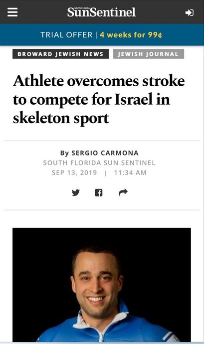 Sun Sentinel / Jewish Journal : "Athlete overcomes stroke to compete for Israel in skeleton sport"